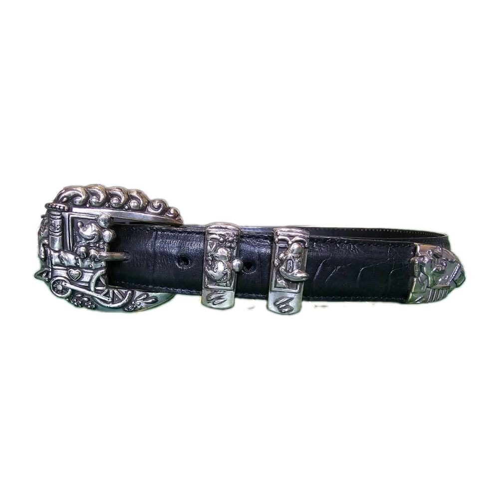 Vtg Brighton Disney Mickey & Co Black Leather Belt Train Buckle Mickey Mouse 34
